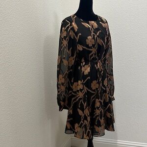Tommy Hilfiger Black and Brown Floral Long Sleeve Dress